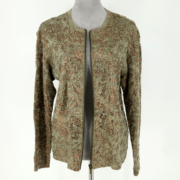 Chico's Sweaters - Chicos Sweater 1 Womens Medium 8 Green Full Zip Copper Metallic Stretch Knit